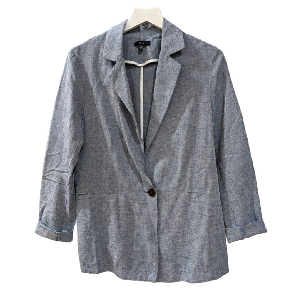 DREW Anthropologie Linen Blend Chambray Blue One Button Blazer Women Size Small